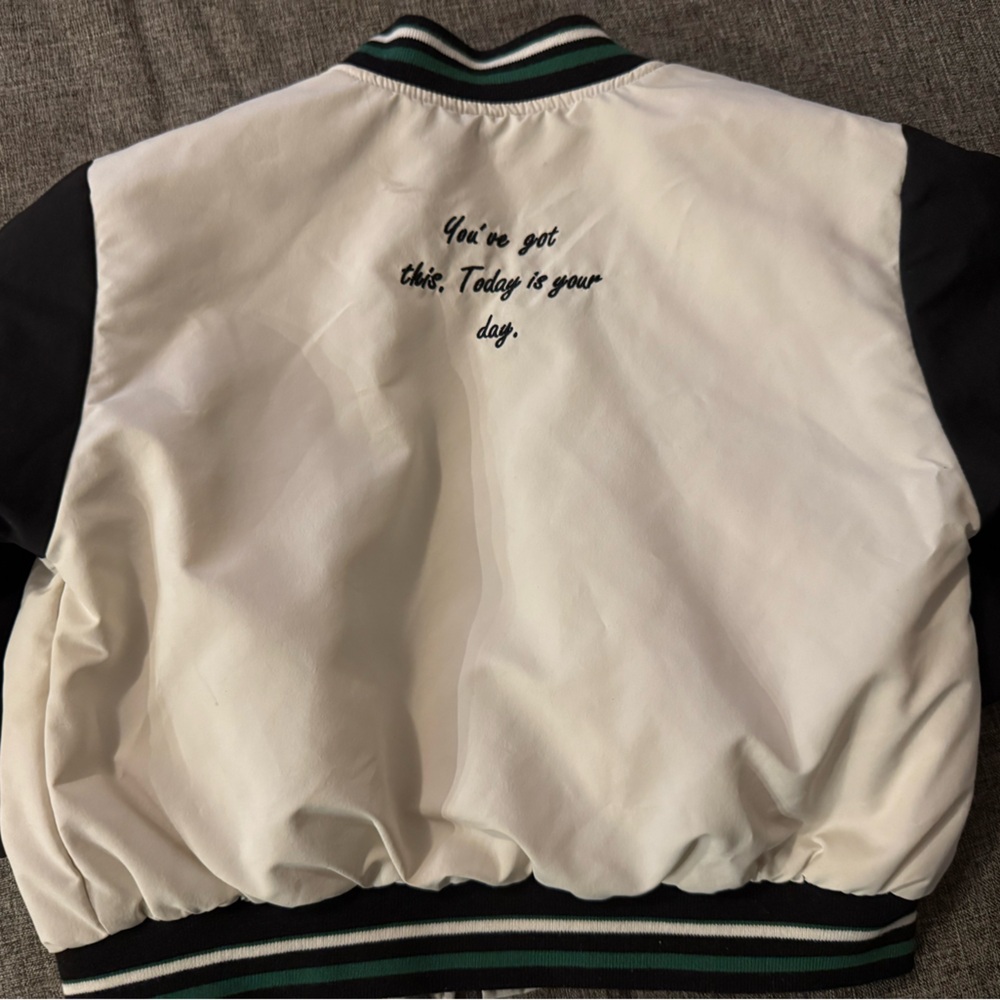 Zara Black and White Varsity Jacket with Green Lettering - Picture 2 of 4